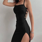 Black Long Bodycon Summer Sleeveless Blackless Halter Neck High Split Vestidos Midi Dress
